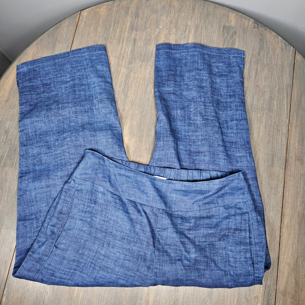 Habitat Womens L 100% Linen Crop Pants Pull On Wide Leg Lagenlook Coastal Blue